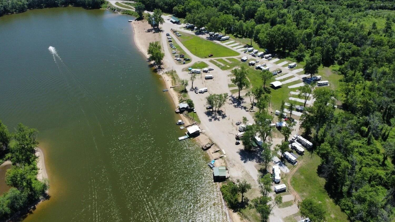 Panoramic view of Lazy L Lake Campground and RV park